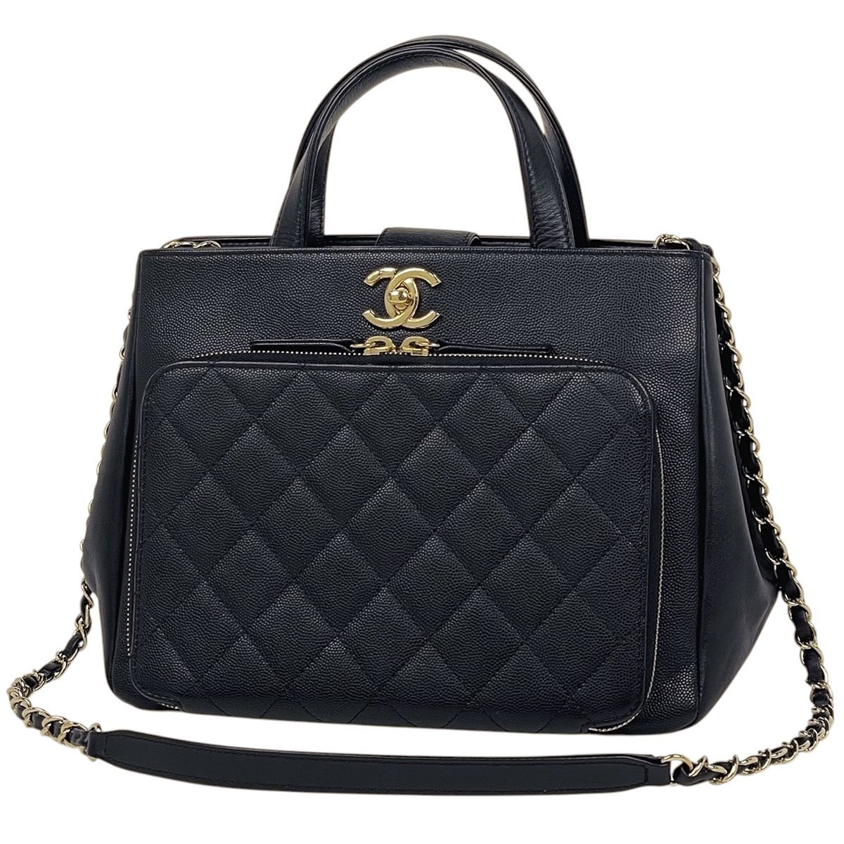 Chanel Handbag CC Logo Quilted 2-Way Business Infini Tea Caviar Leather Black
