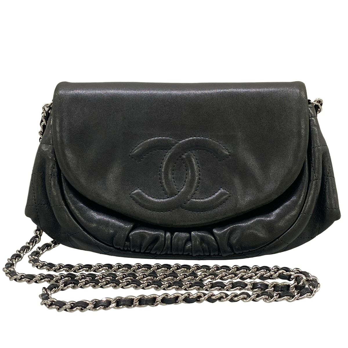 Chanel Wallet Half Moon Black Chain Silver Lambskin Shoulder Bag