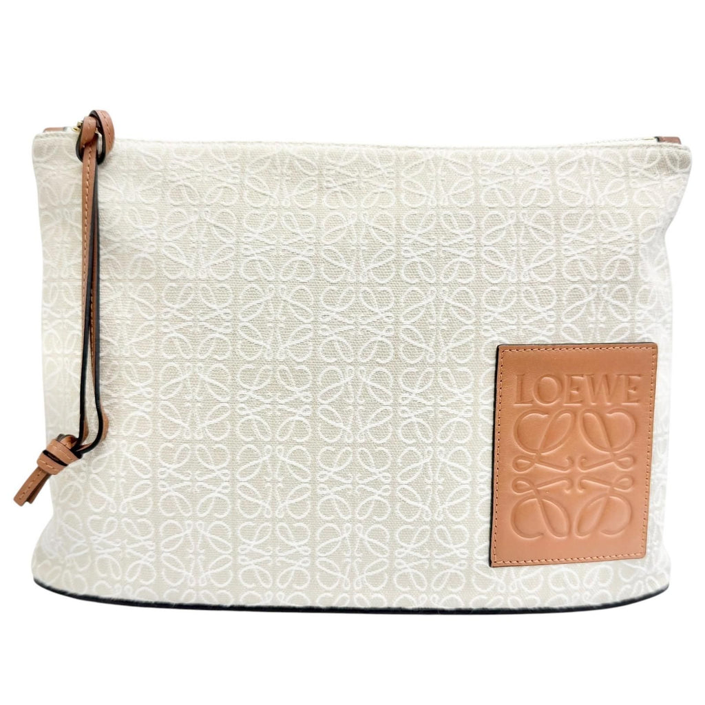 Loewe Oblong Pouch Anagram Leather Patch Jacquard Clutch Beige Brown