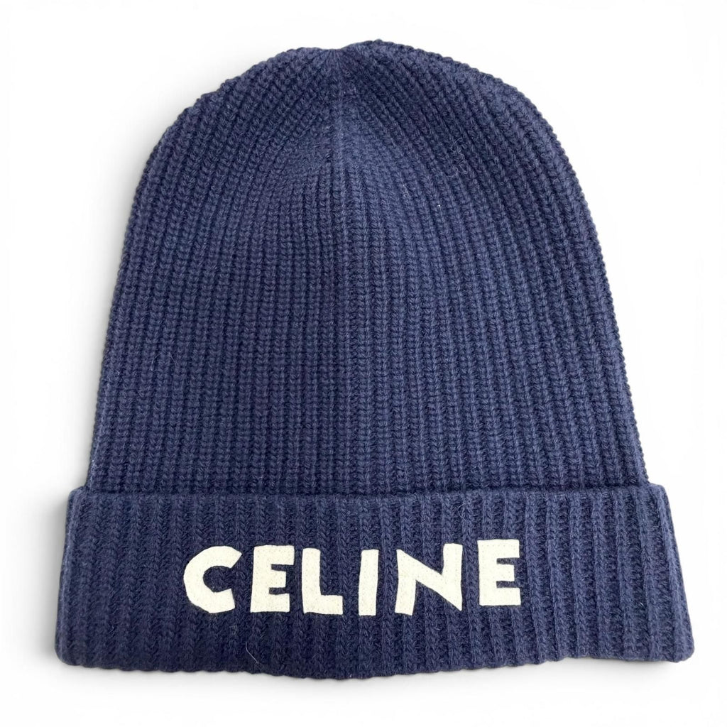Celine Wool 100% Logo Knit Cap Navy Hat White