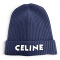 Celine Wool 100% Logo Knit Cap Navy Hat White