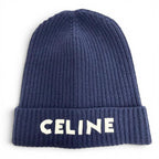 Celine Wool 100% Logo Knit Cap Navy Hat White