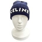 Celine Wool 100% Logo Knit Cap Navy Hat White — view 3