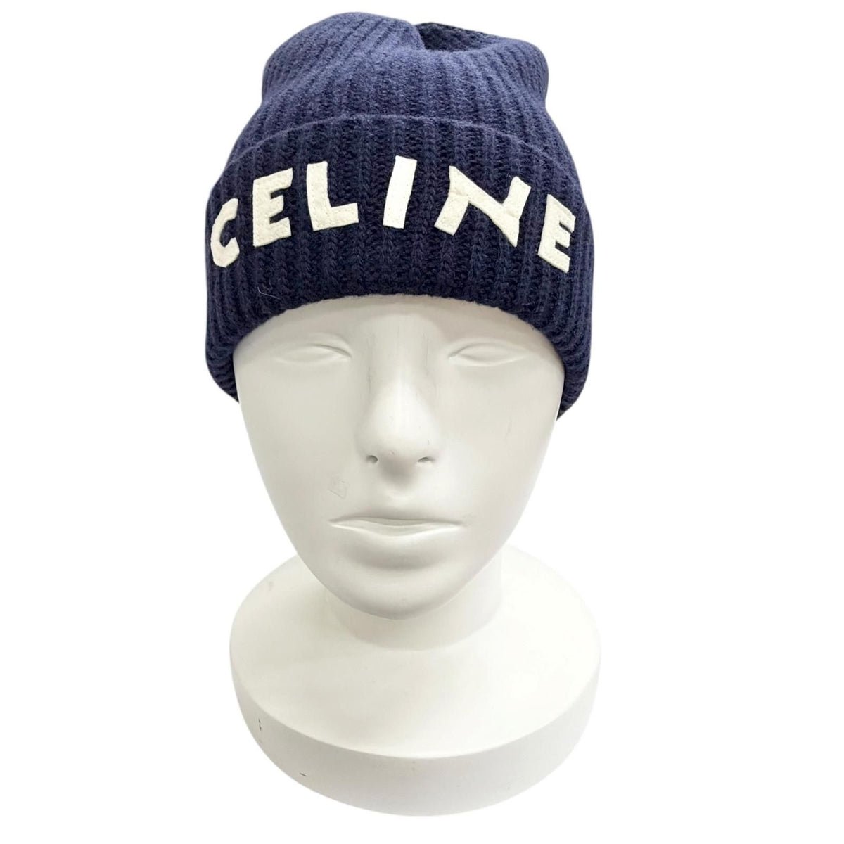 Celine Wool 100% Logo Knit Cap Navy Hat White — view 3