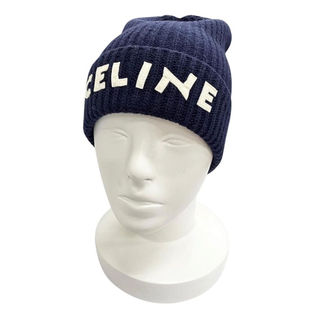Celine Wool 100% Logo Knit Cap Navy Hat White — view 2