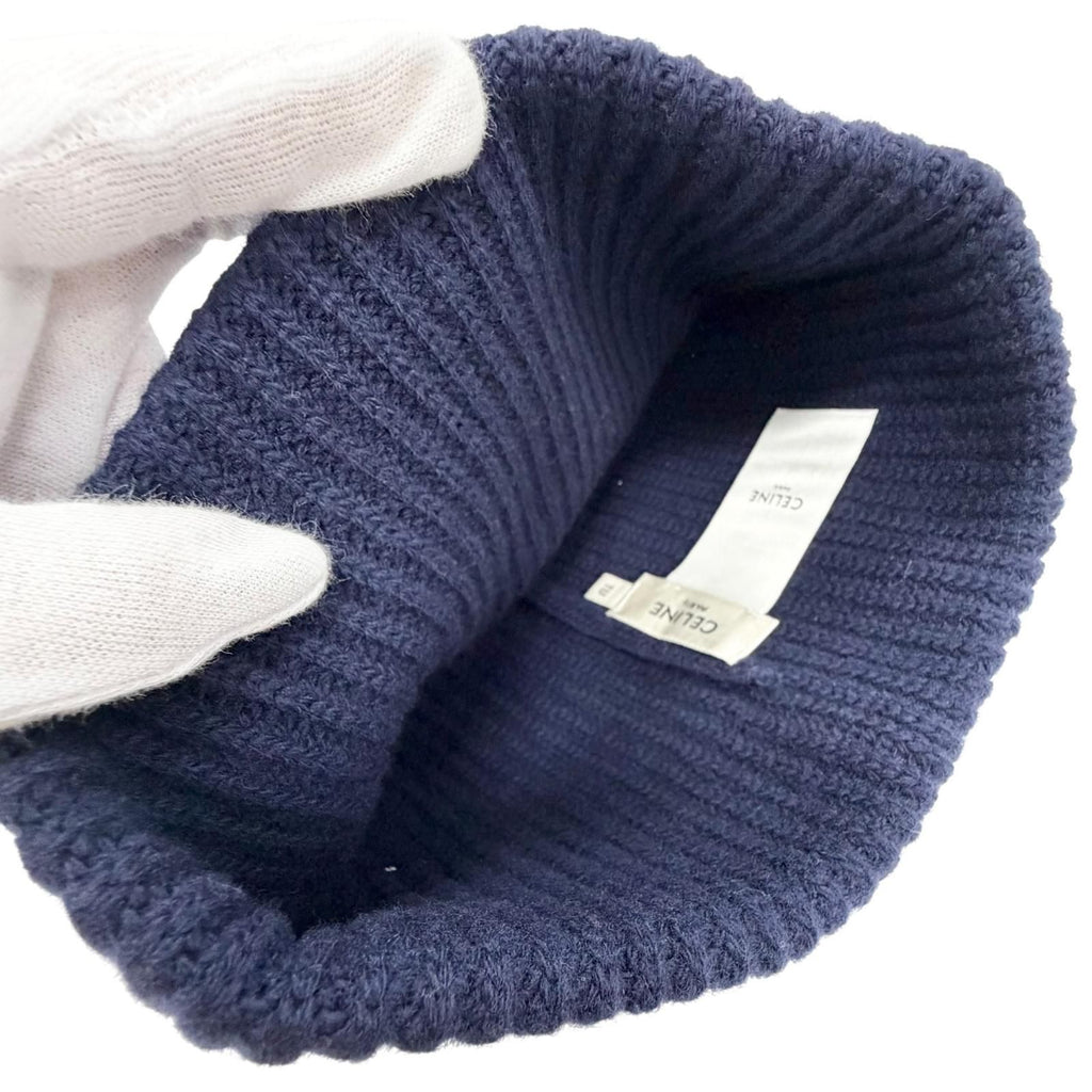 Celine Wool 100% Logo Knit Cap Navy Hat White — view 7
