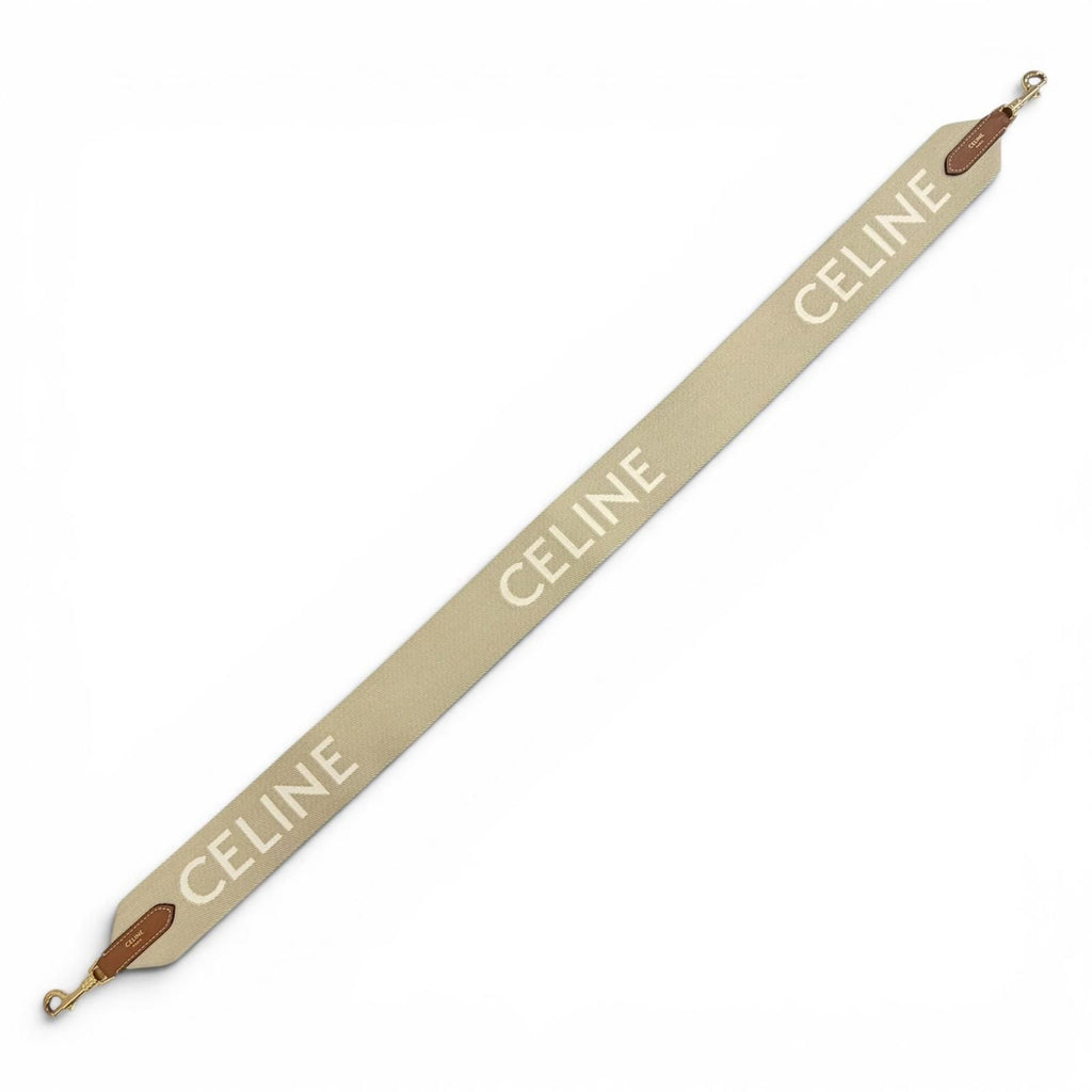 Celine Logo Jacquard Canvas Leather Shoulder Strap Beige Brown Gold — view 3