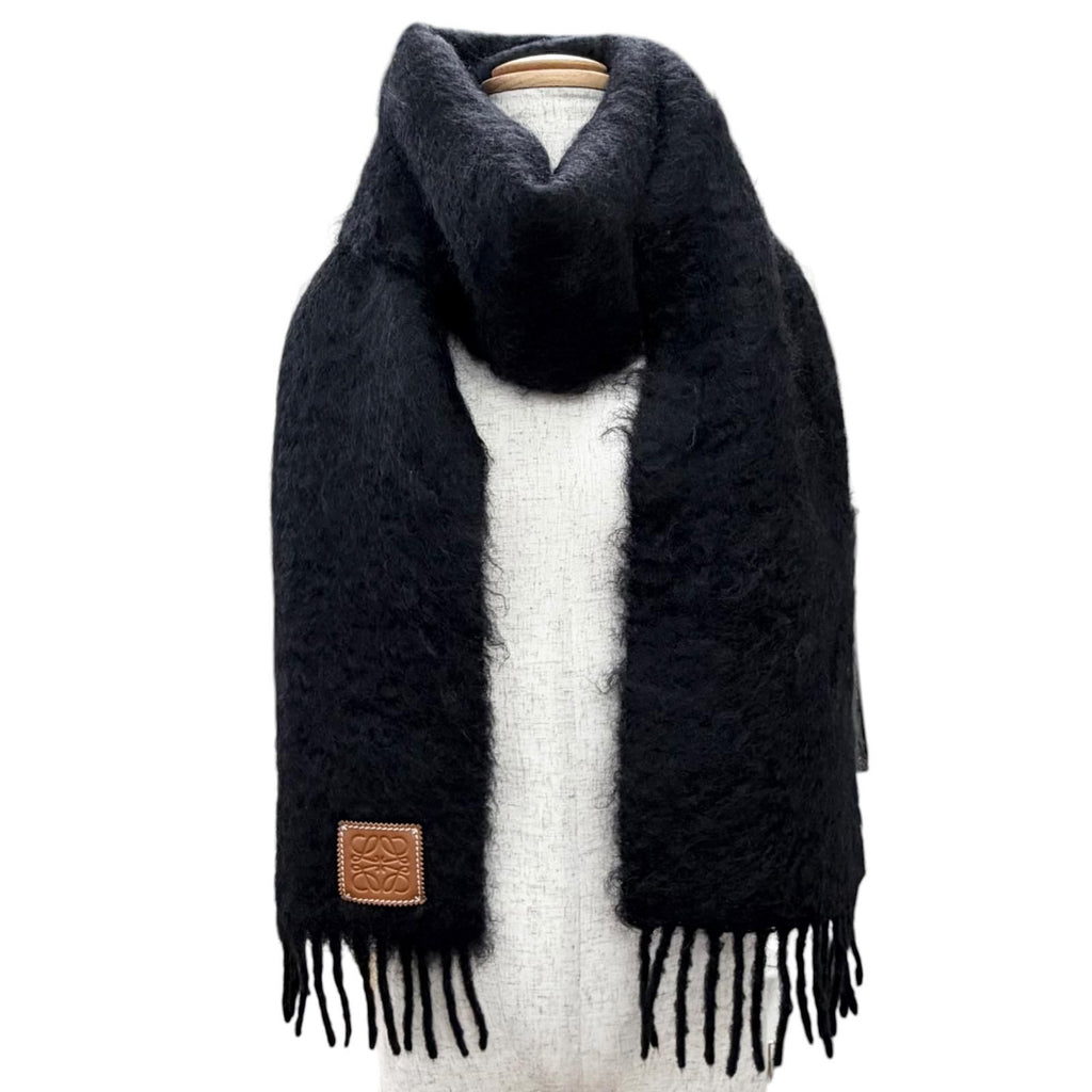 Loewe Mohair Wool Anagram Logo Leather Patch Fringe Long Scarf Black — view 2