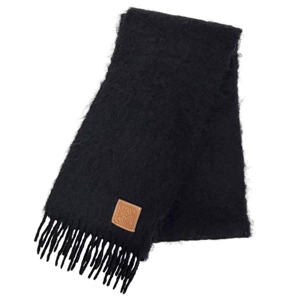 Loewe Mohair Wool Anagram Logo Leather Patch Fringe Long Scarf Black