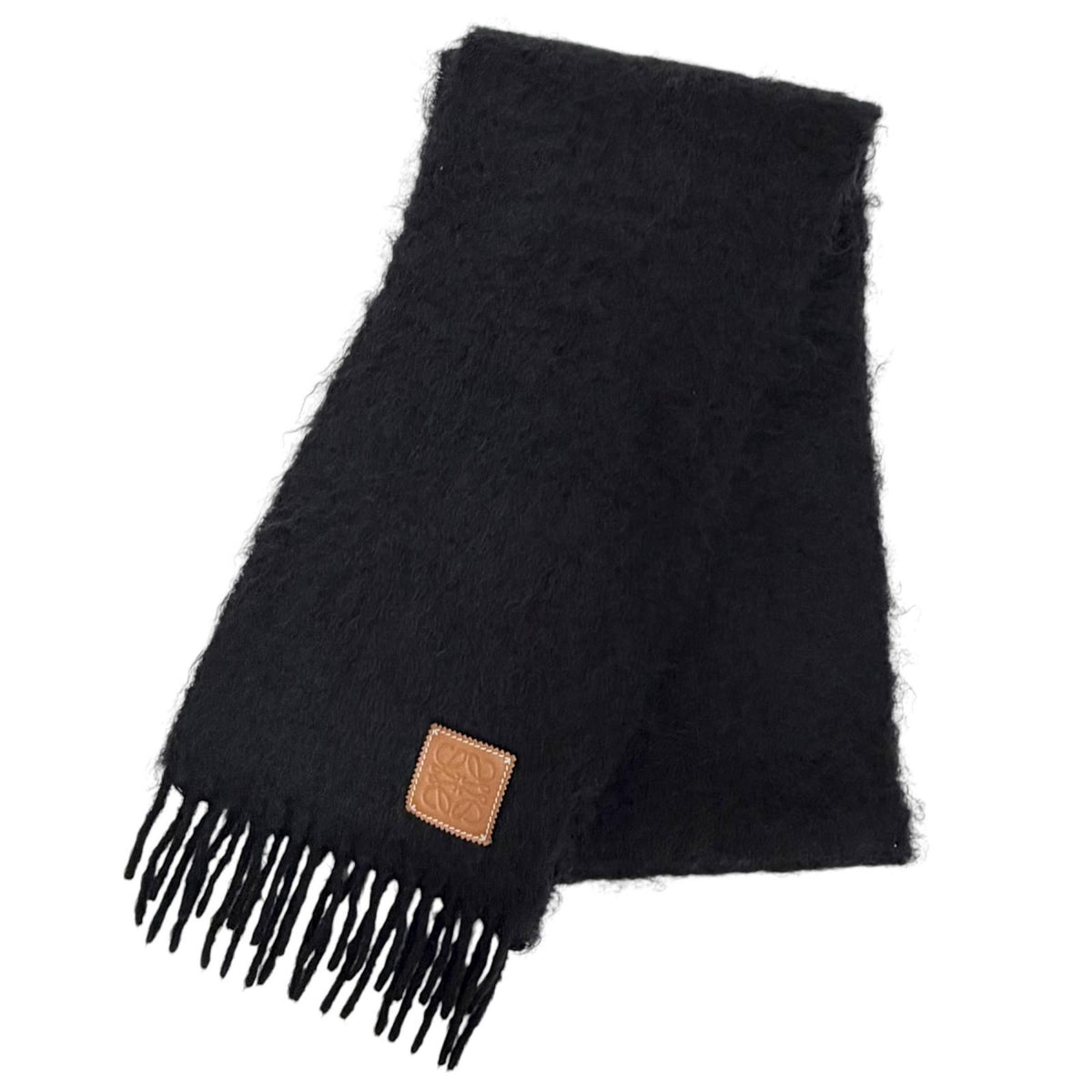 Loewe Mohair Wool Anagram Logo Leather Patch Fringe Long Scarf Black