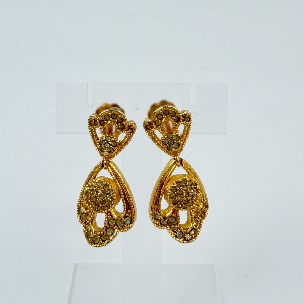 Dior Rhinestone Heart Drop Earrings Plated Gold Clear Vintage