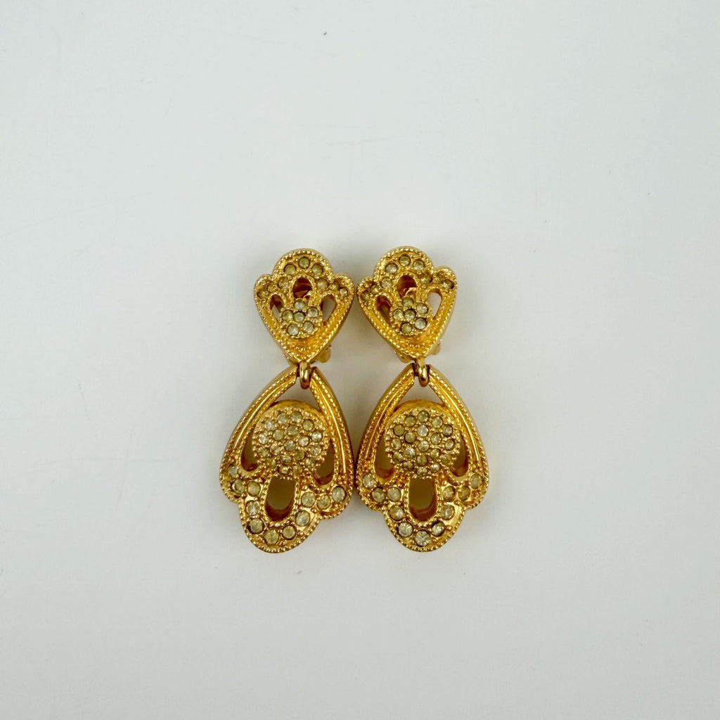 Dior Rhinestone Heart Drop Earrings Plated Gold Clear Vintage — view 2