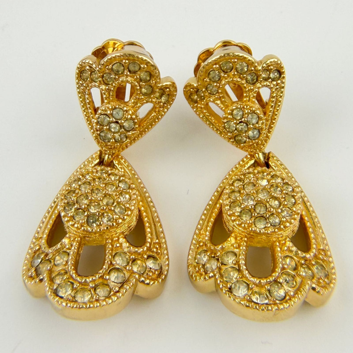 Dior Rhinestone Heart Drop Earrings Plated Gold Clear Vintage — view 3