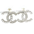 Chanel CC Logo Rhinestone Pearl Earrings Silver