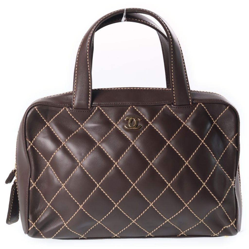 Chanel Wild Stitch Mini Boston Bag Brown Lambskin Gold