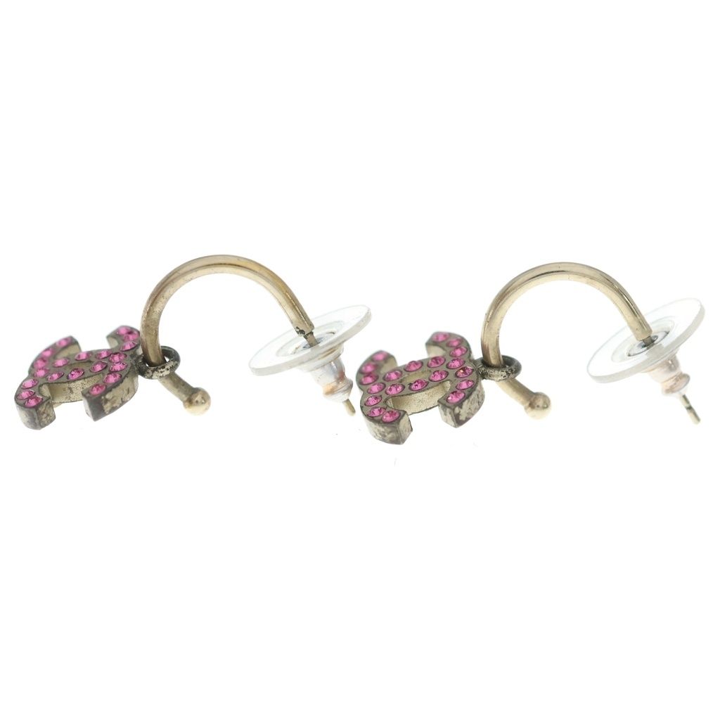 Chanel CC Logo Rhinestone Earrings Gold Pink — view 3