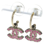 Chanel CC Logo Rhinestone Earrings Gold Pink