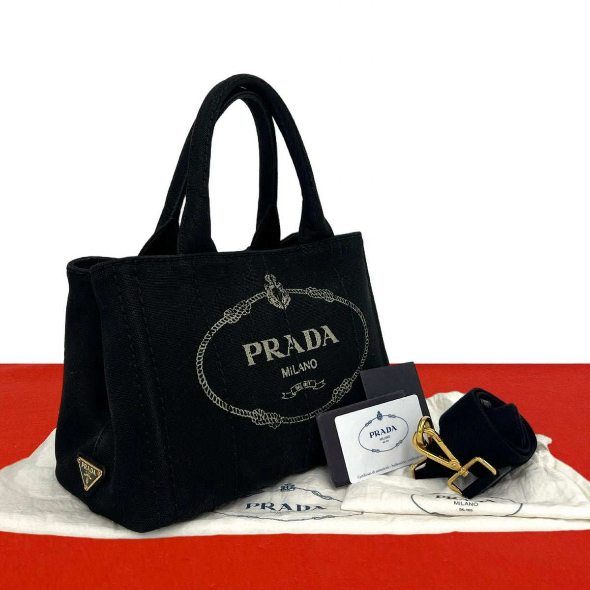 Prada Canapa Triangle Logo Canvas 2-Way Shoulder Bag Mini Tote Black