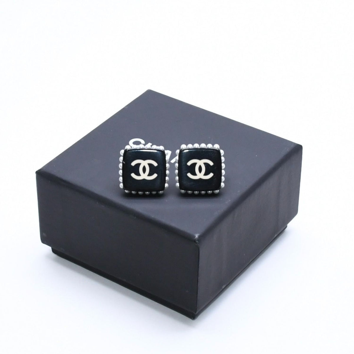 Chanel CC Logo Square Earrings Faux Pearl Black Resin
