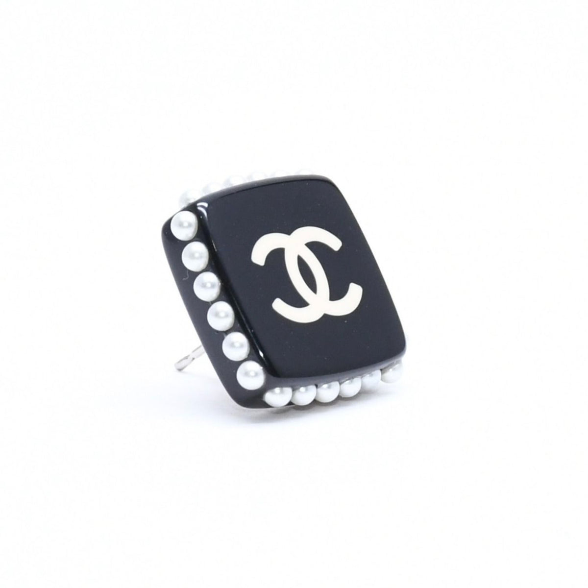 Chanel CC Logo Square Earrings Faux Pearl Black Resin — view 4