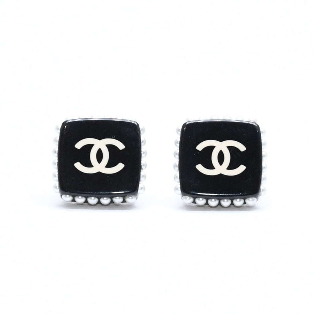 Chanel CC Logo Square Earrings Faux Pearl Black Resin — view 2