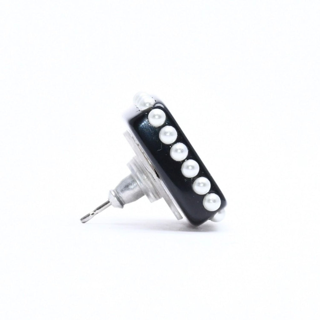 Chanel CC Logo Square Earrings Faux Pearl Black Resin — view 5