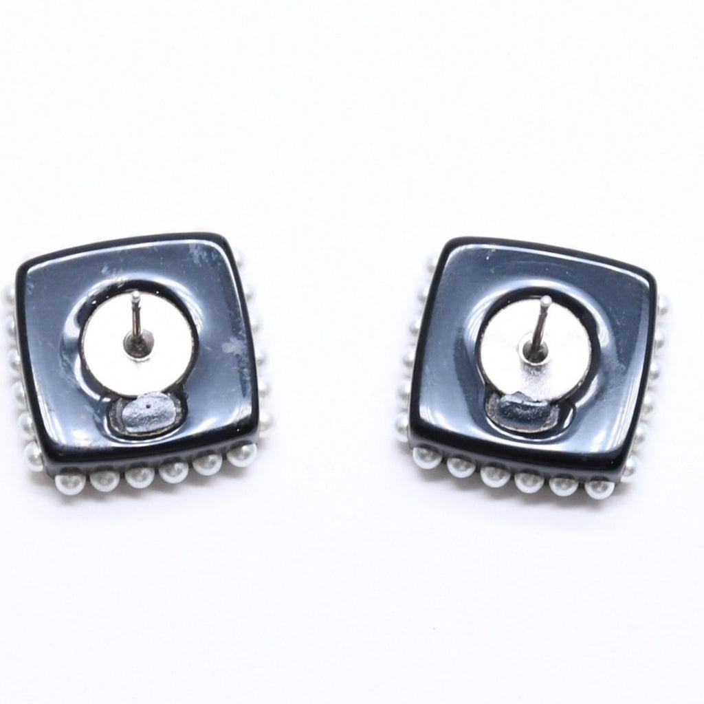 Chanel CC Logo Square Earrings Faux Pearl Black Resin — view 8