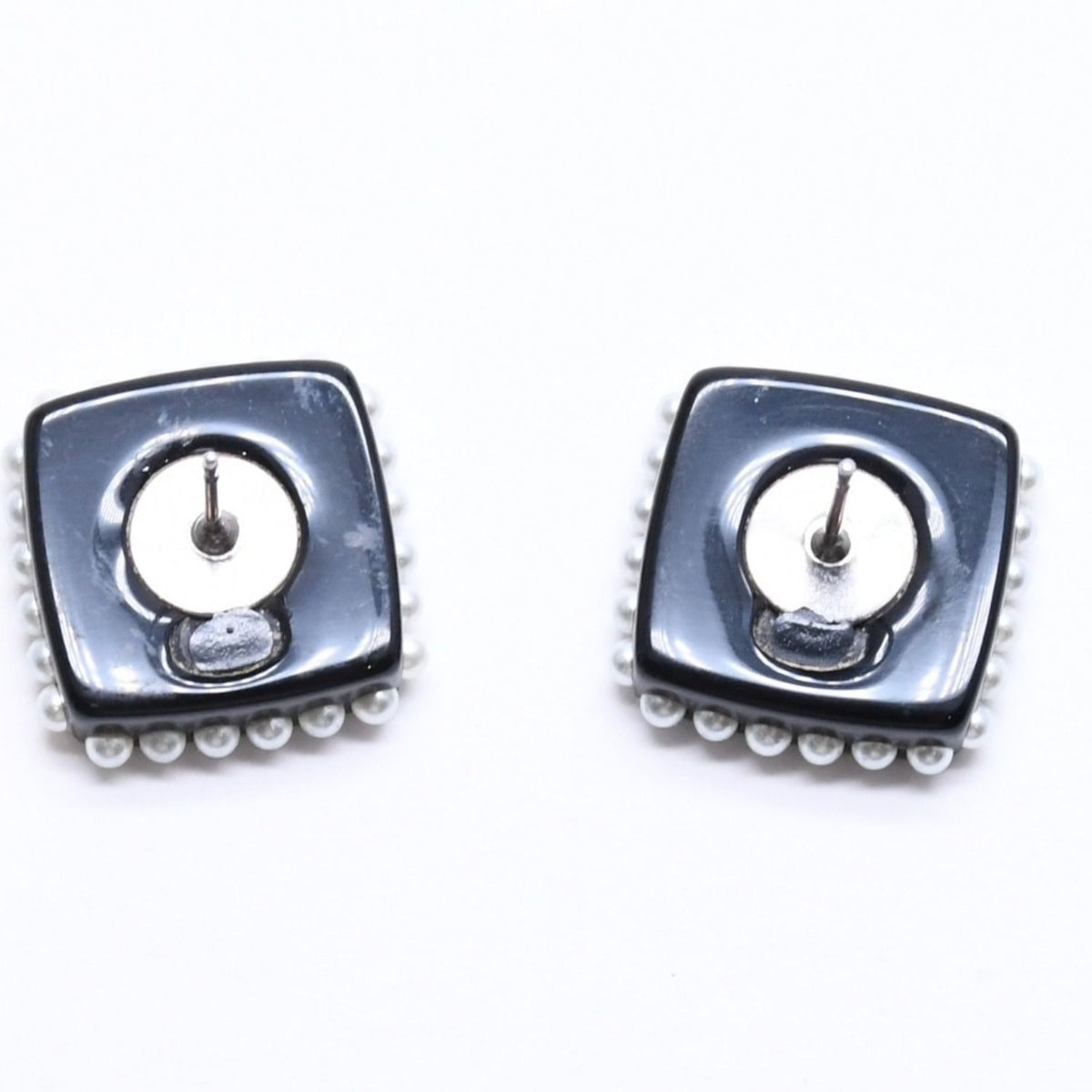 Chanel CC Logo Square Earrings Faux Pearl Black Resin — view 8
