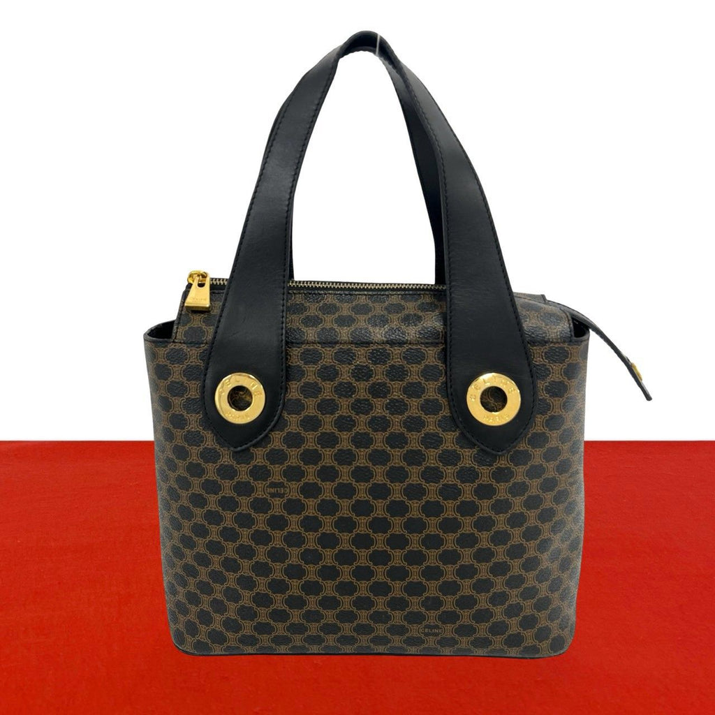 Celine Vintage Circle Logo Macadam Pattern Leather Handbag Mini Tote Brown Black
