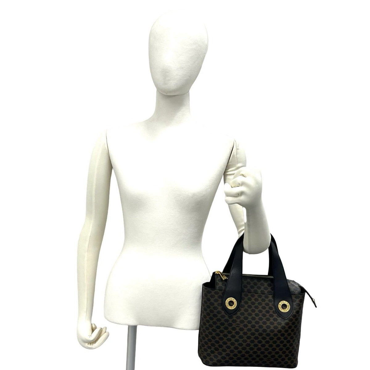 Celine Vintage Circle Logo Macadam Pattern Leather Handbag Mini Tote Brown Black — view 2