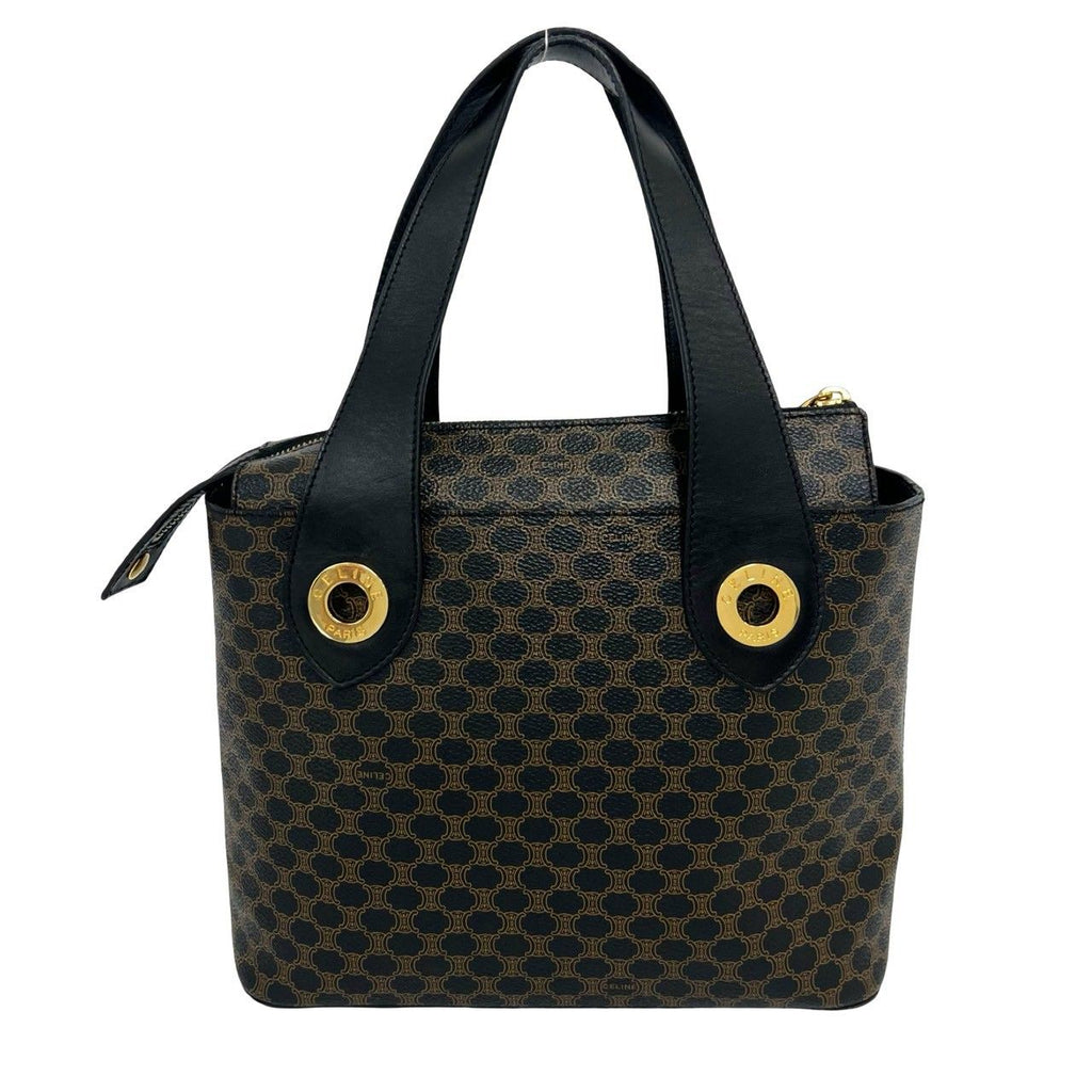 Celine Vintage Circle Logo Macadam Pattern Leather Handbag Mini Tote Brown Black — view 3