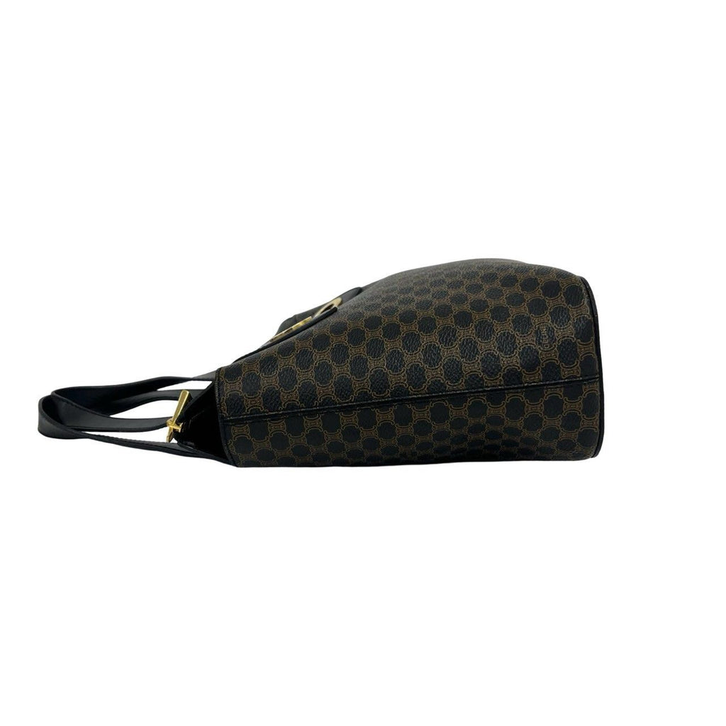 Celine Vintage Circle Logo Macadam Pattern Leather Handbag Mini Tote Brown Black — view 5