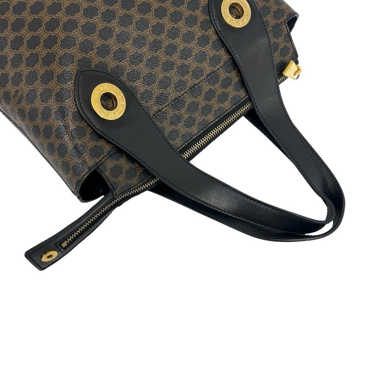 Celine Vintage Circle Logo Macadam Pattern Leather Handbag Mini Tote Brown Black — view 4