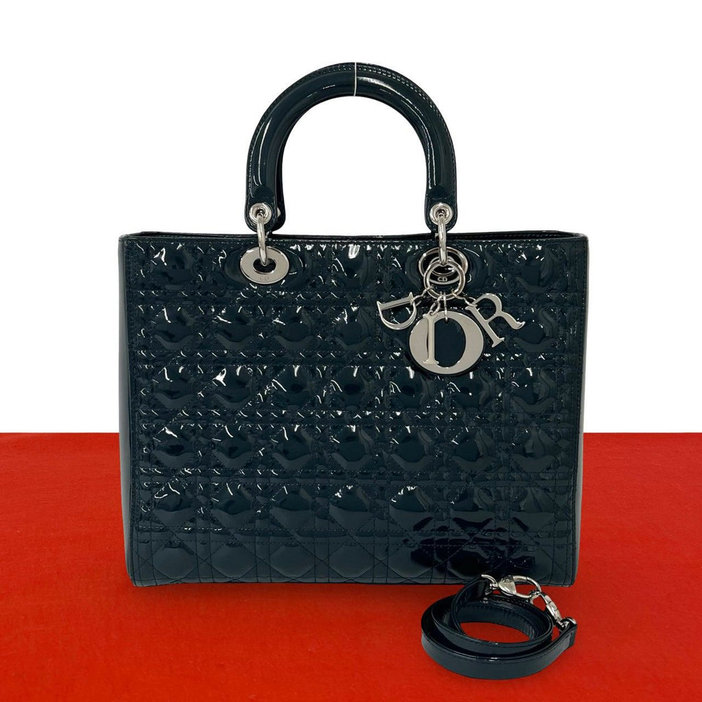 Dior Lady Cannage Stitch Patent Leather 2-Way Shoulder Bag Dark Green
