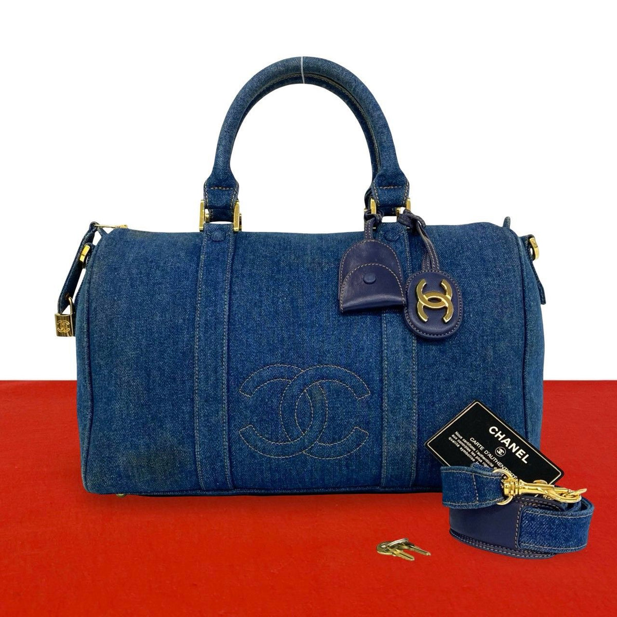 Chanel Vintage CC Logo Denim 2-Way Shoulder Bag Blue