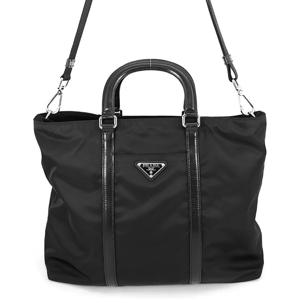 Prada Tote Bag Triangle Logo Nylon Leather 2-Way Black