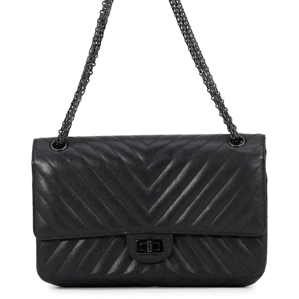 Chanel Chain Shoulder Bag 2.55 Chevron Aged Calfskin Black