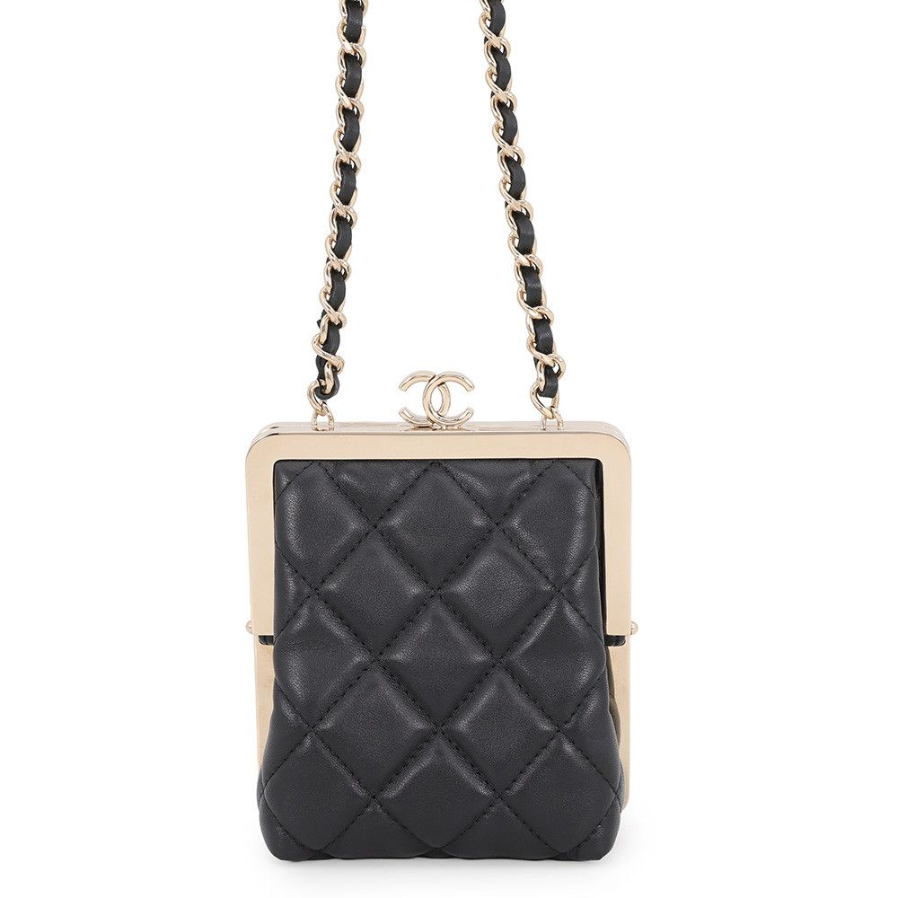 Chanel Chain Shoulder Bag Quilted CC Logo Kiss Lock Mini Lambskin Black
