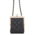 Chanel Chain Shoulder Bag Quilted CC Logo Kiss Lock Mini Lambskin Black