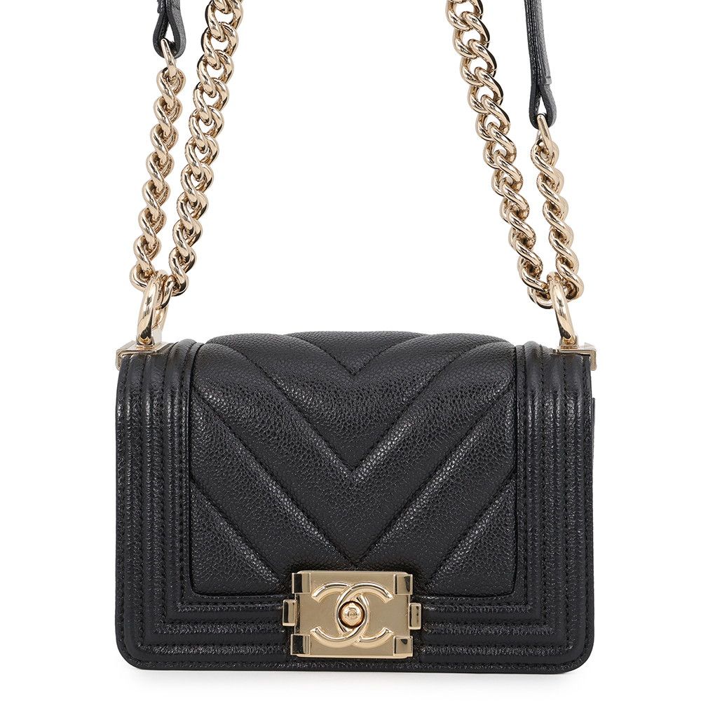 Chanel Chain Shoulder Bag Boy Chevron Caviar Leather Black