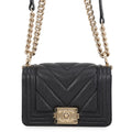 Chanel Chain Shoulder Bag Boy Chevron Caviar Leather Black