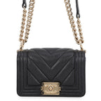 Chanel Chain Shoulder Bag Boy Chevron Caviar Leather Black