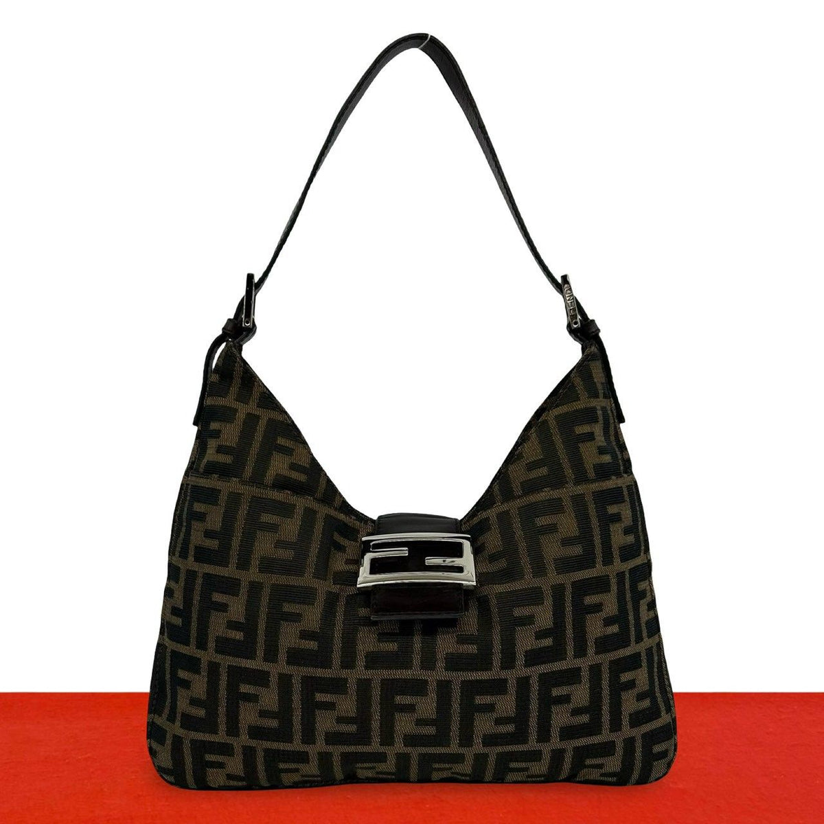 Fendi Zucca FF Logo Pattern Canvas Leather Shoulder Bag Brown