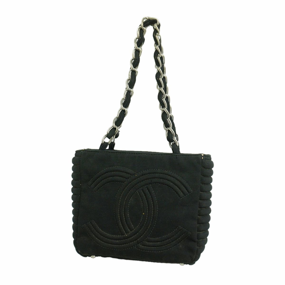 Chanel Shoulder Bag Cotton Jersey Black Silver