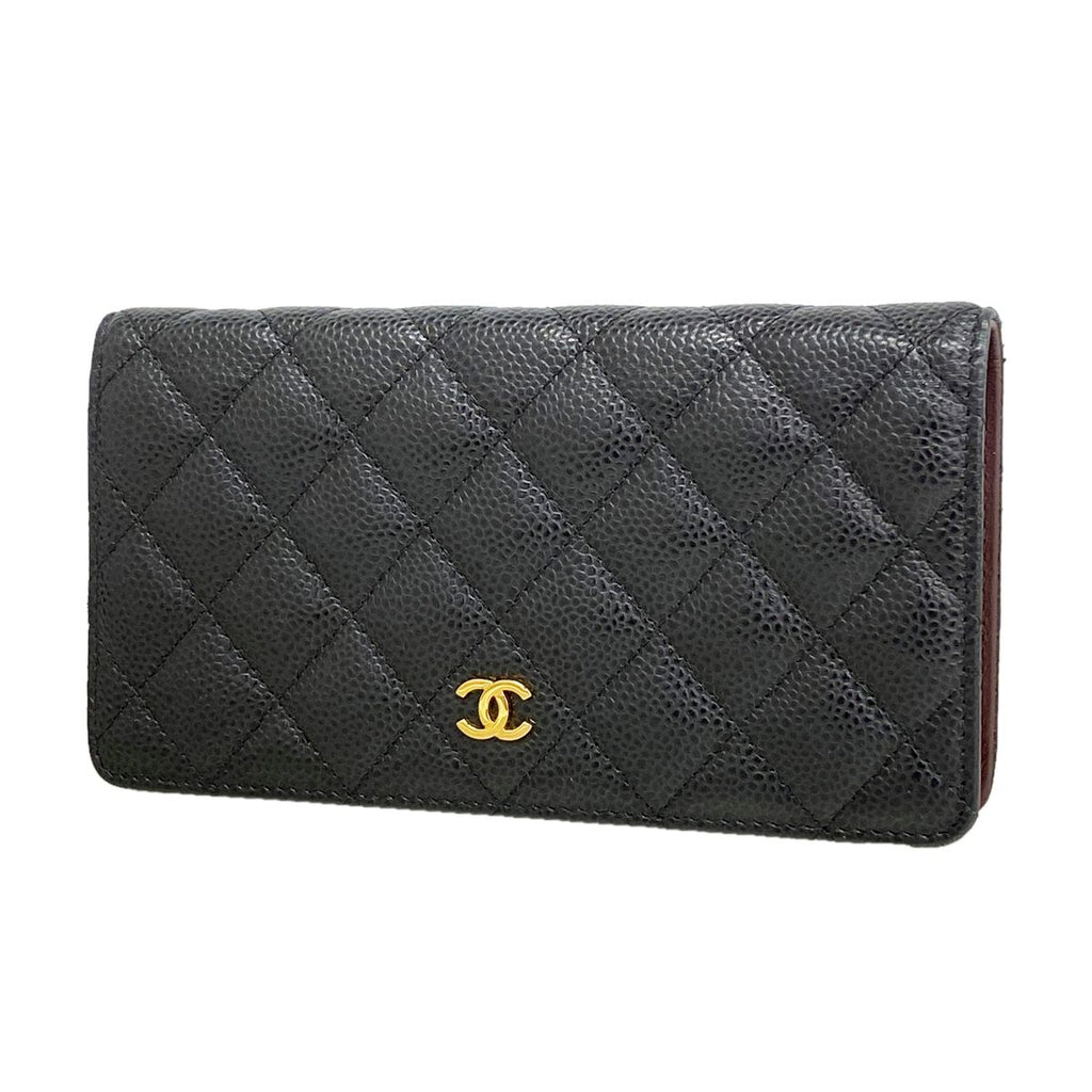 Chanel Wallet Quilted Caviar Leather Black Gold