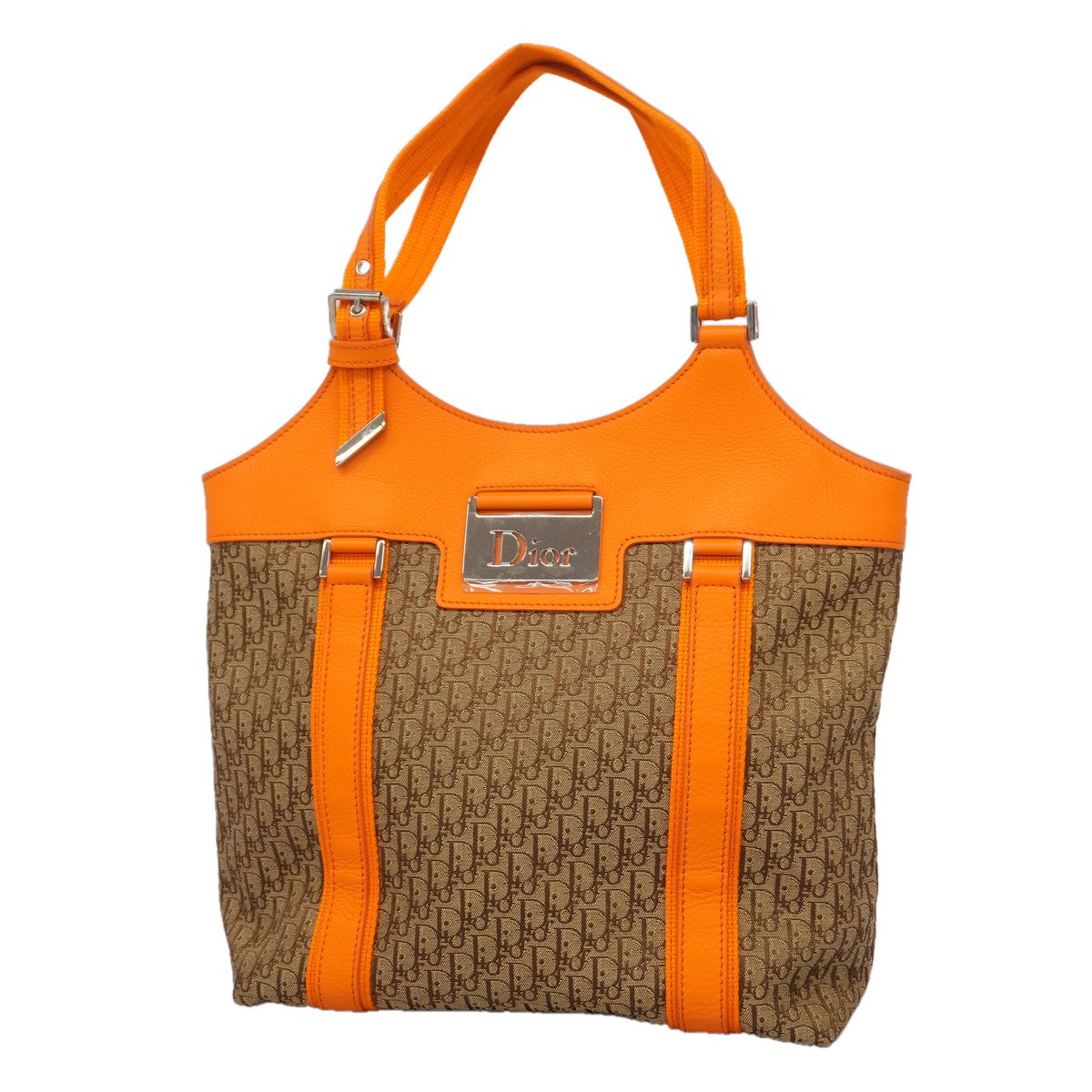 Dior Handbag Trotter Street Chic Canvas Leather Brown Orange Silver
