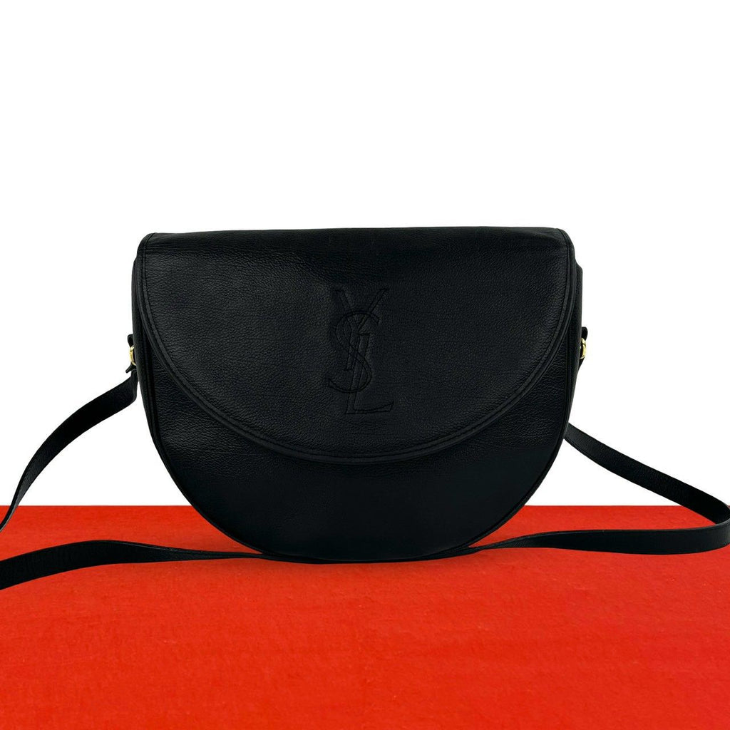 Saint Laurent Vintage YSL Logo Stitch Leather Shoulder Bag Black