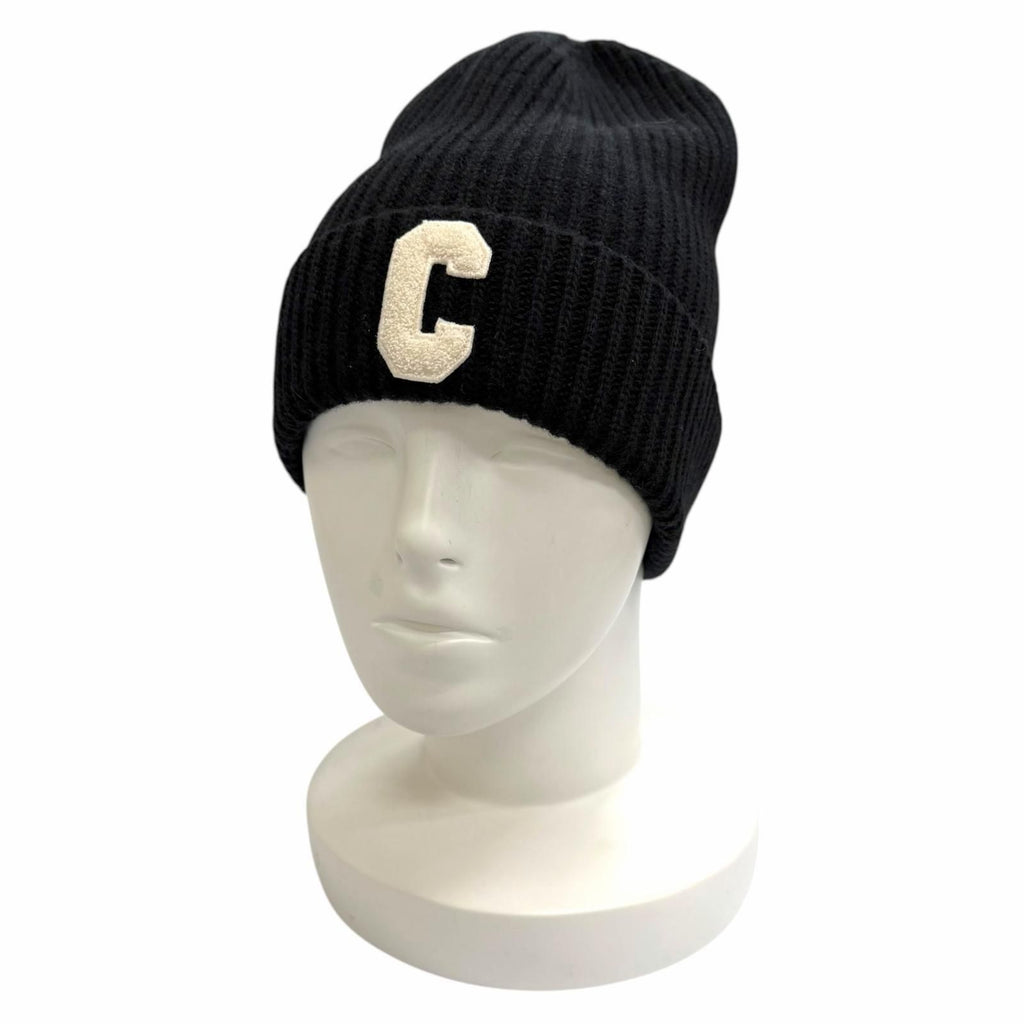 Celine Wool 100% C Logo Knit Cap Beanie Black White Hat