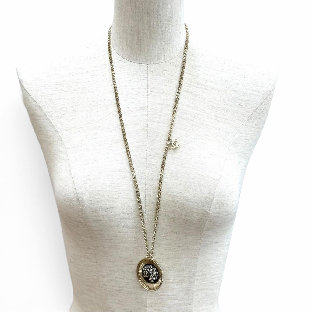 Chanel CC Logo Rhinestone Chain Pendant Gold Black — view 2