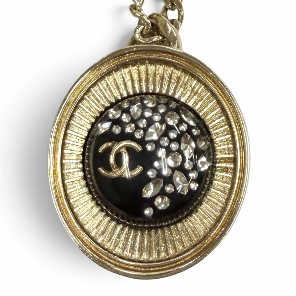 Chanel CC Logo Rhinestone Chain Pendant Gold Black